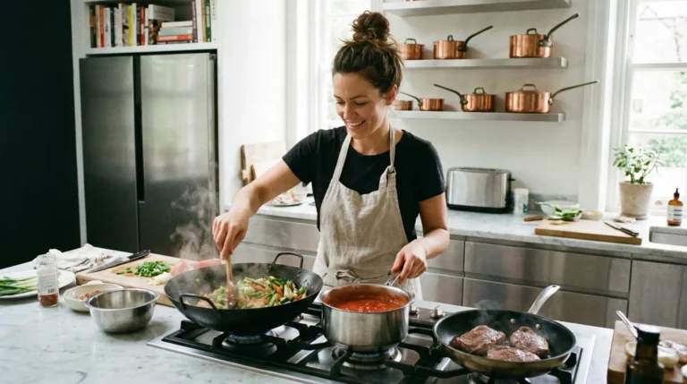 A woman cooking steak tomato sauce and stir fry vegetables in a modern kitchen