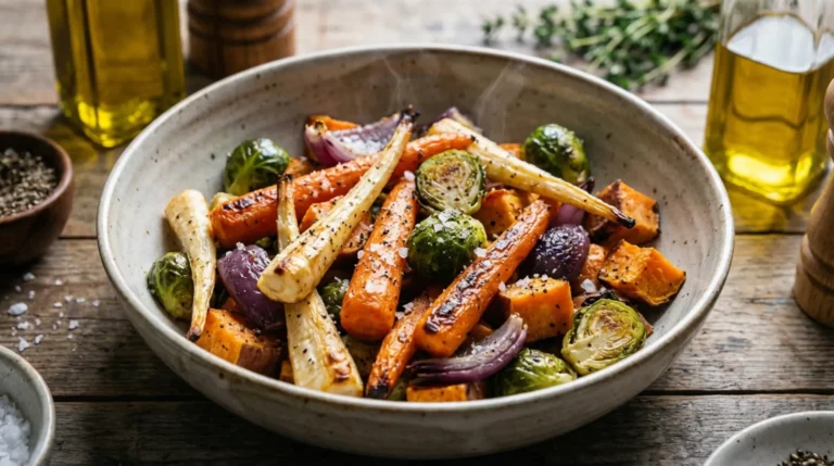 Bowl of roasted vegetables with carrots, Brussels sprouts, sweet potato cubes, and red onion on a wooden table