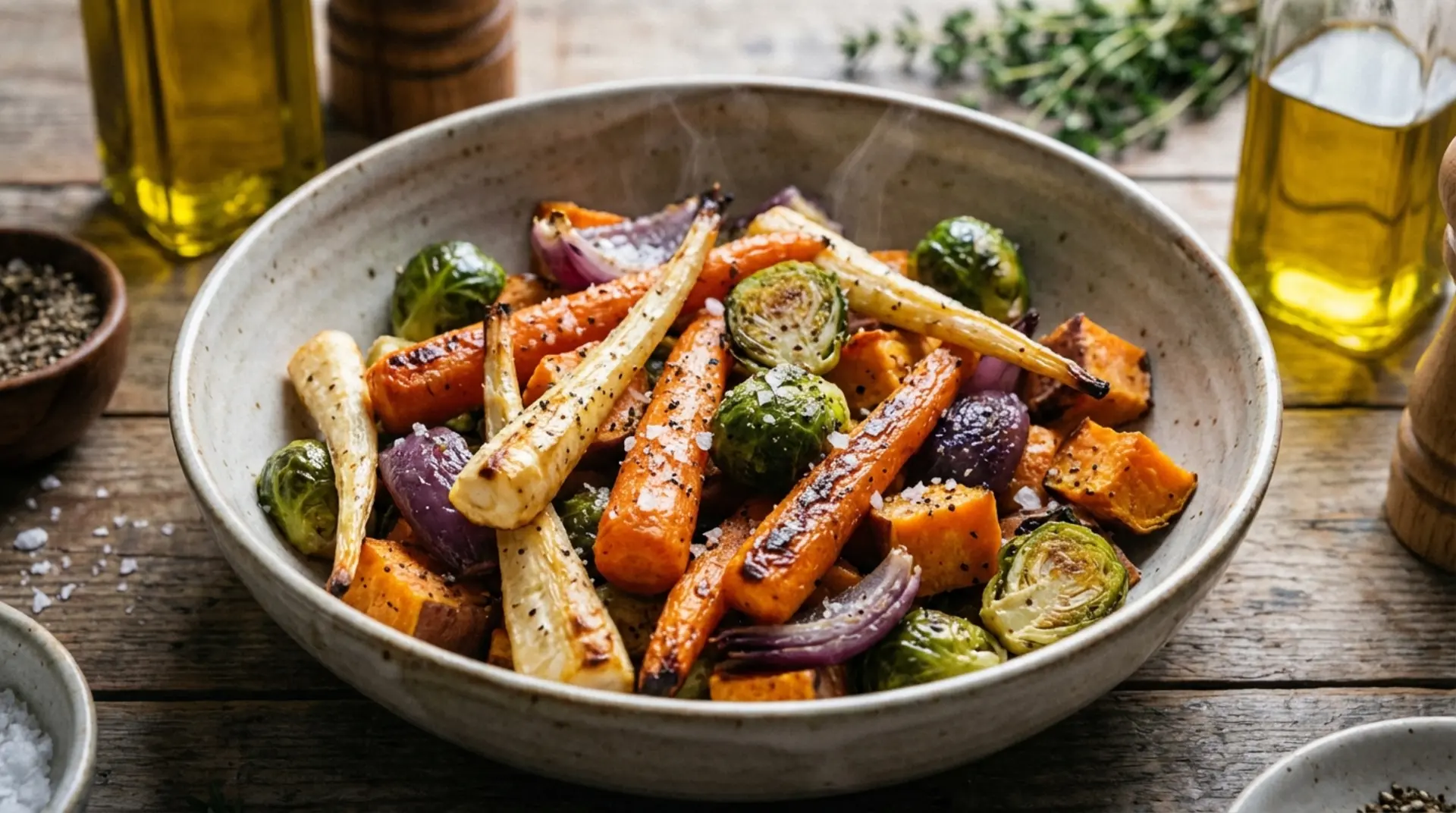 Bowl of roasted vegetables with carrots, Brussels sprouts, sweet potato cubes, and red onion on a wooden table