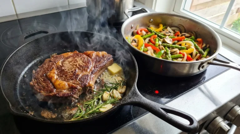 Cast iron skillet searing a steak with a golden crust, next to vegetables sautéing in a stainless steel pan on the stovetop