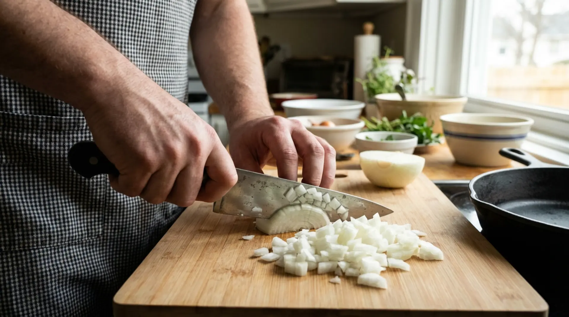 Close-up of hands dicing an onion with a chef’s knife on a wooden cutting board