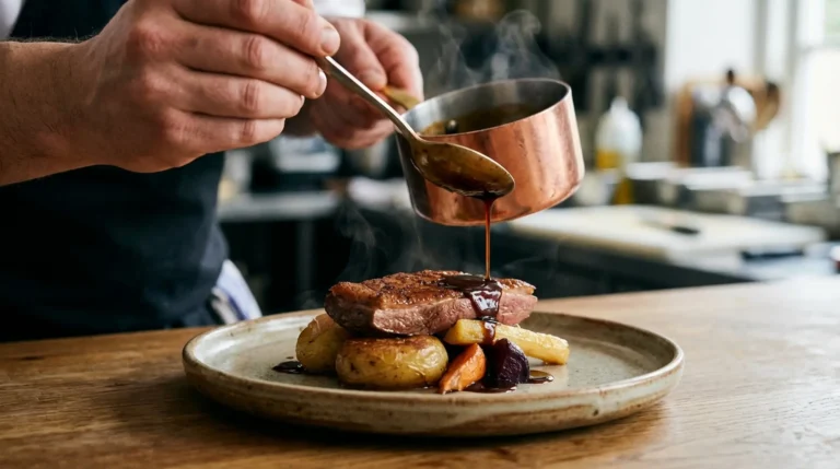 Close-up of hands drizzling glaze over steak and vegetables on a plate