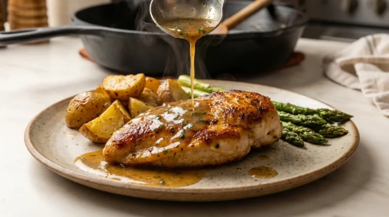 Close-up of pan sauce being spooned over a seared chicken breast on a plate with roasted potatoes and asparagus
