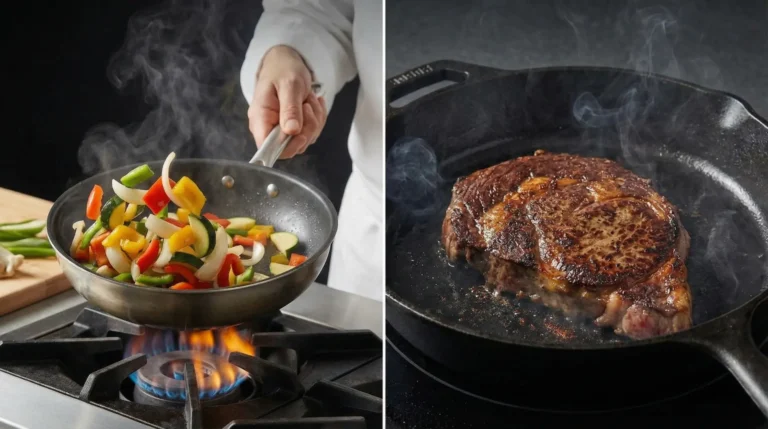 Split-screen with sliced peppers, onions, and zucchini sautéing in a skillet on the left and a steak searing in a cast iron skillet on the right