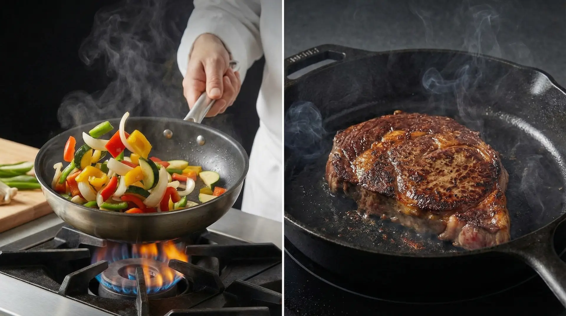 Split-screen with sliced peppers, onions, and zucchini sautéing in a skillet on the left and a steak searing in a cast iron skillet on the right