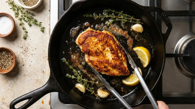 Top-down view of a chicken breast searing in a cast iron skillet with tongs, garlic cloves, thyme sprigs, and lemon wedges