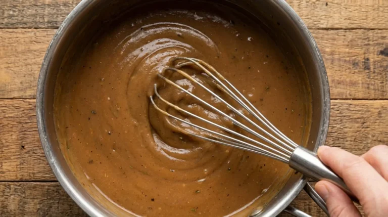 Top-down view of a hand whisking smooth brown gravy in a stainless steel pot