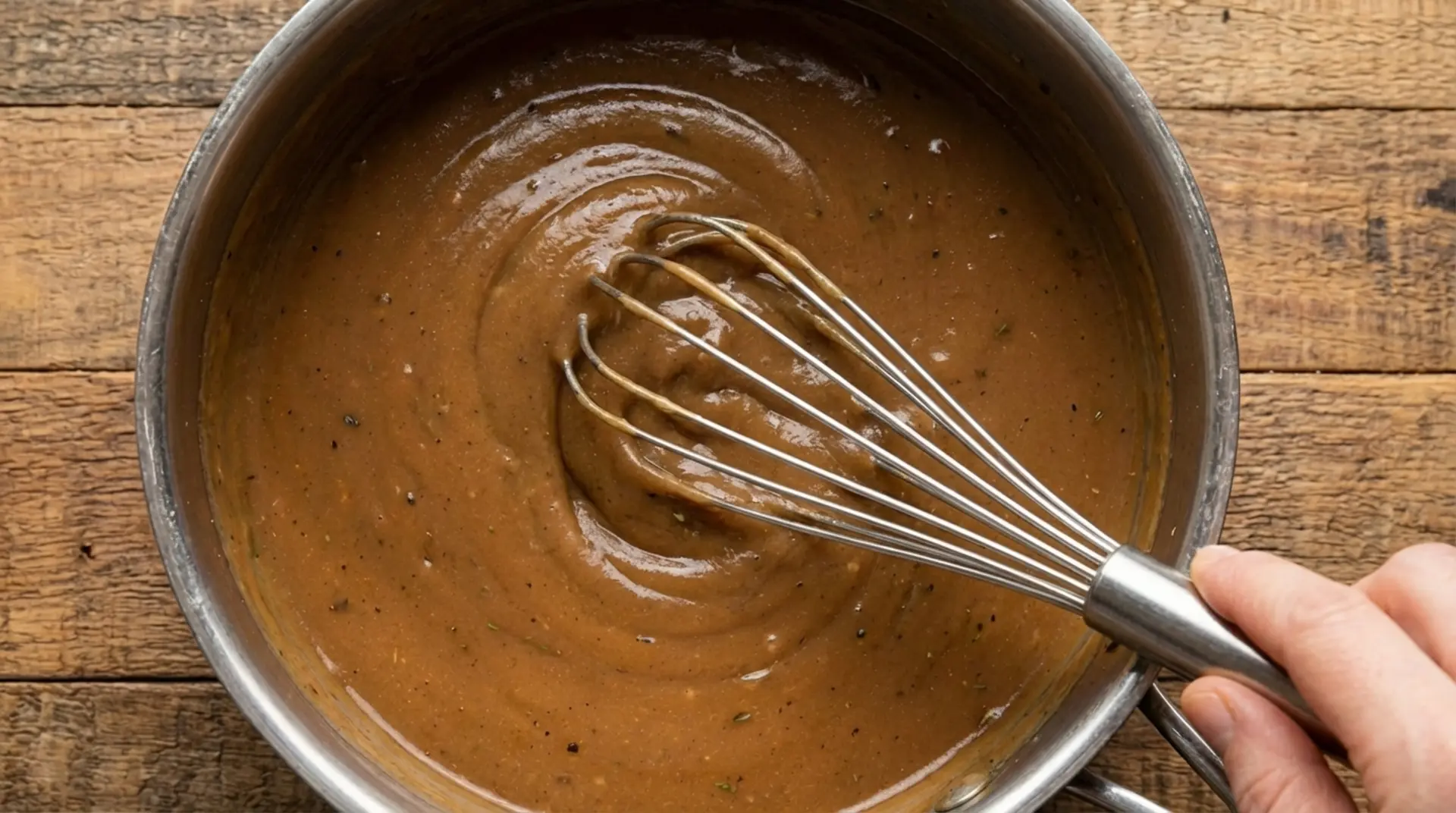 Top-down view of a hand whisking smooth brown gravy in a stainless steel pot