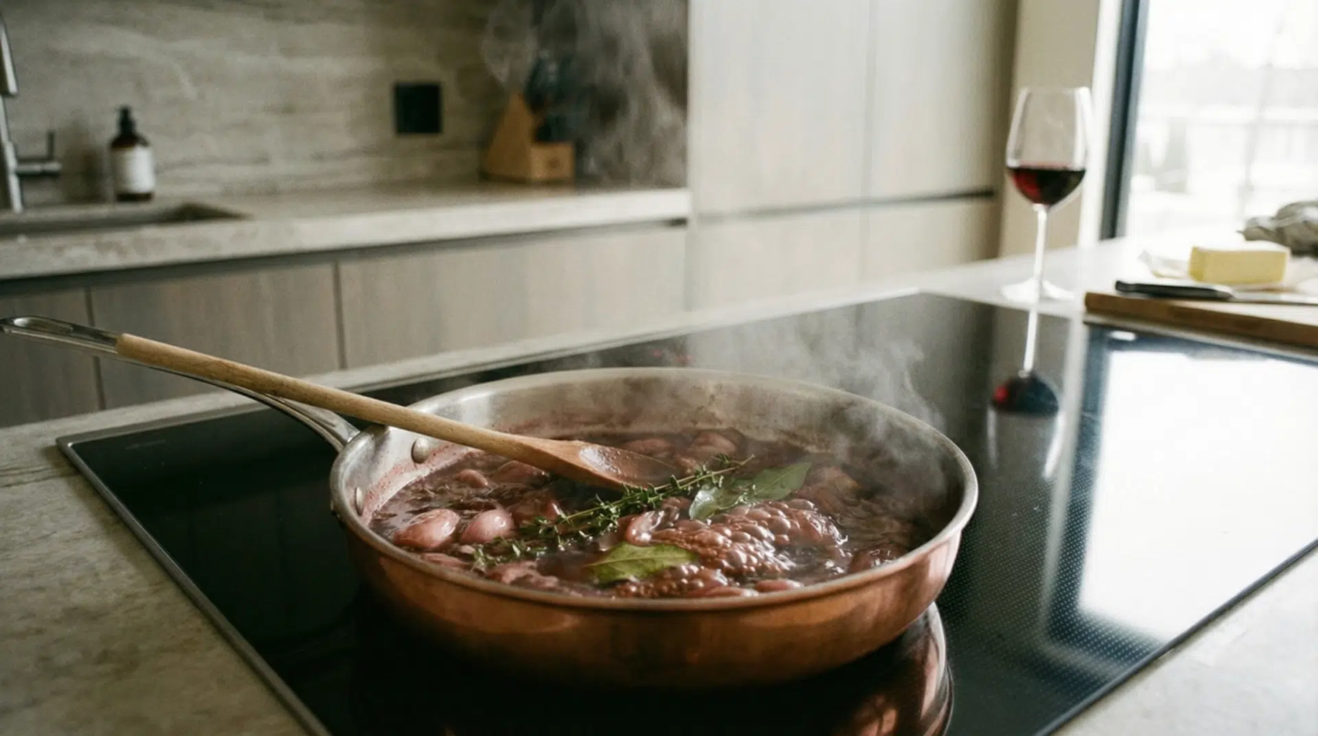 Wide shot of a red wine reduction sauce simmering on a stovetop with herbs in the pan