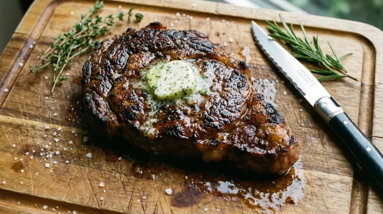 close-up of deeply seared ribeye steak resting on a cutting board with fresh herb butter melting on top