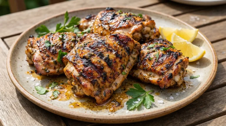 close up of marinated juicy grilled chicken on a plate with coarse salt while fresh herbs and lemon wedges garnish the plate