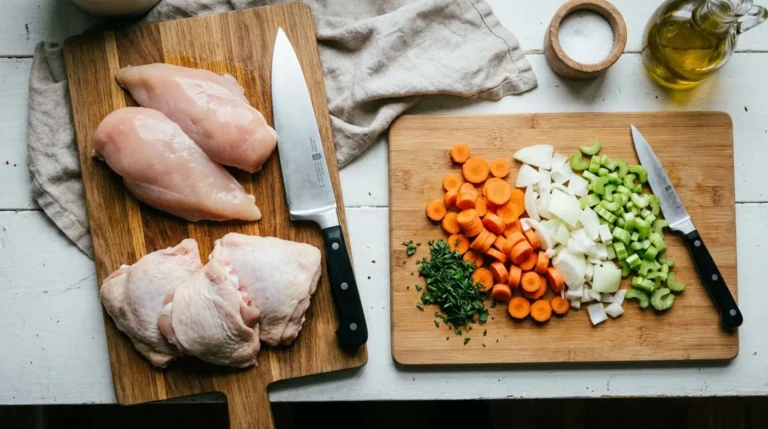 Raw chicken on a separate cutting board beside chopped vegetables on another board, showing a clean-zone vs raw-zone setup to prevent cross-contamination.