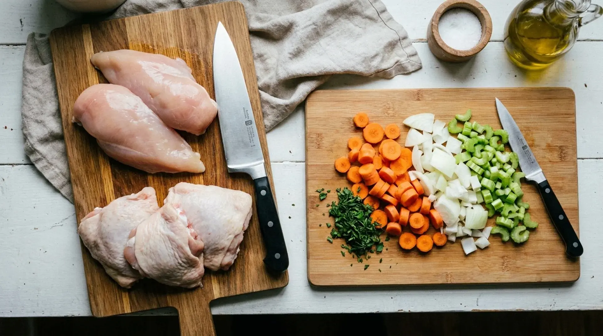 Raw chicken on a separate cutting board beside chopped vegetables on another board, showing a clean-zone vs raw-zone setup to prevent cross-contamination.