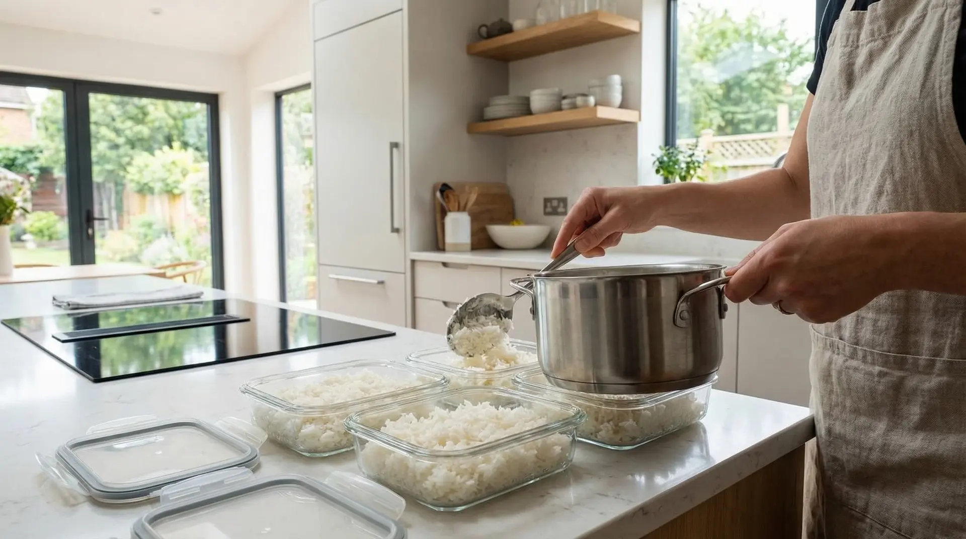 Hands portioning cooked rice from a stainless steel pot into shallow glass containers for meal prep
