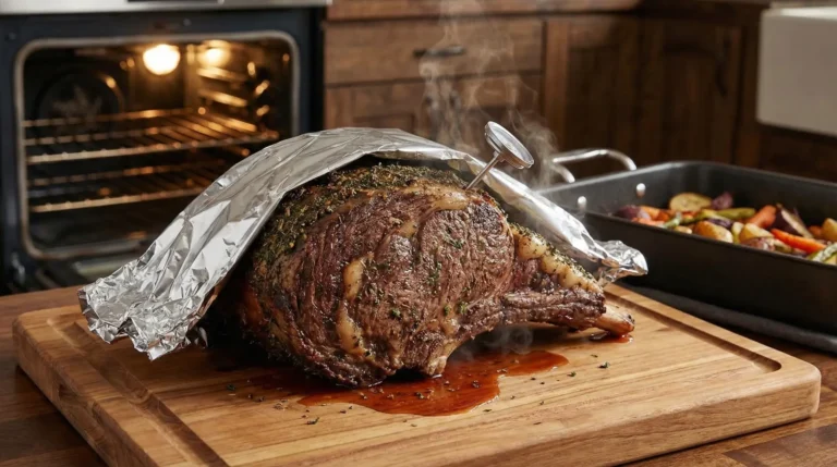 Roast on a wooden cutting board with a thermometer probe inserted, juices resting on the surface