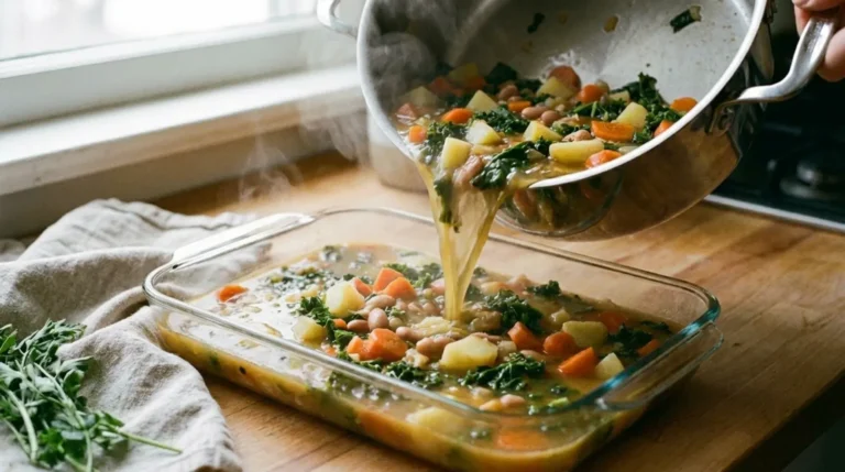 Hot soup poured from a pot into a shallow glass container to cool quickly before refrigerating leftovers safely