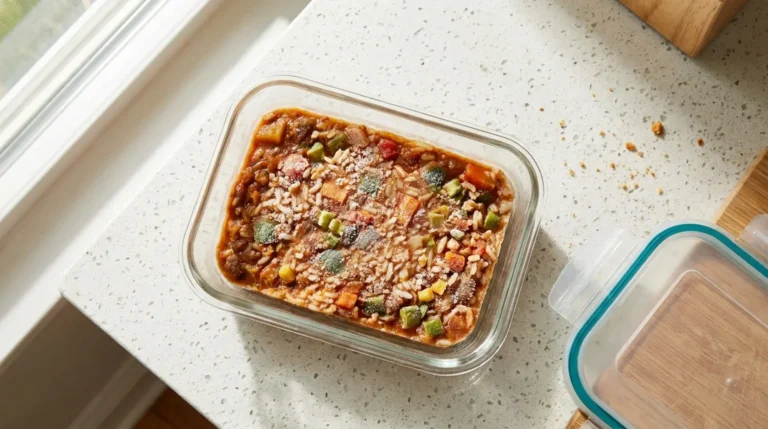 Leftovers in a clear glass meal-prep container on a kitchen counter with the lid nearby, ready to cool and store safely