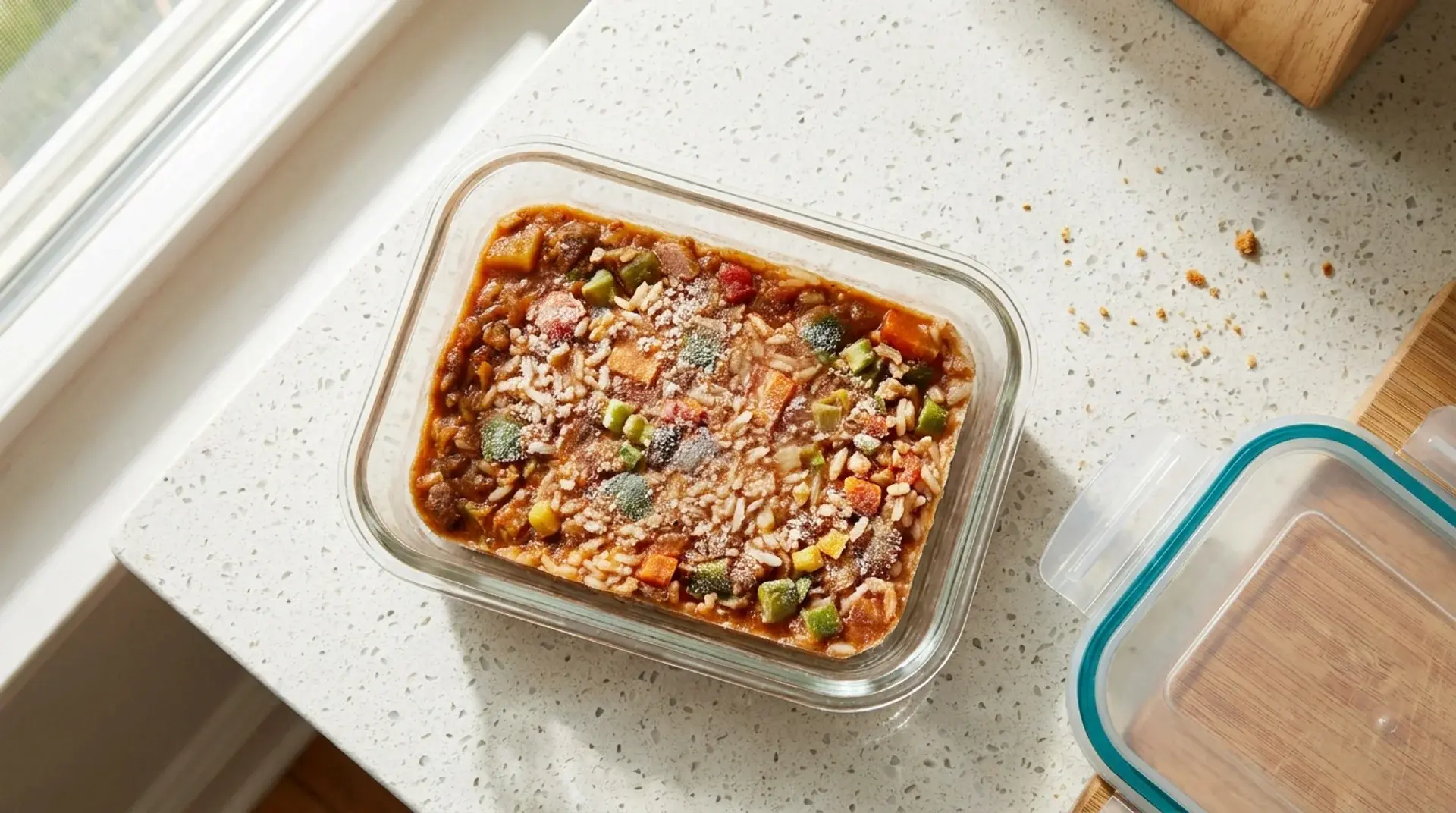 Leftovers in a clear glass meal-prep container on a kitchen counter with the lid nearby, ready to cool and store safely