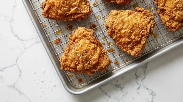 top down view close-up crispy chicken resting on a wire rack tray on a quartz counter top