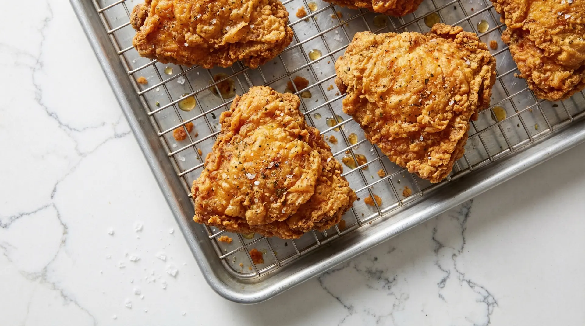 top down view close-up crispy chicken resting on a wire rack tray on a quartz counter top