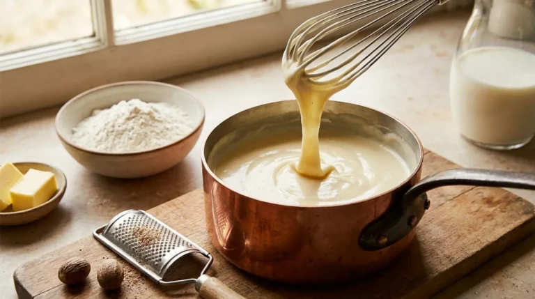 Whisk lifting smooth béchamel sauce from a copper saucepan with flour, butter, milk, and nutmeg nearby