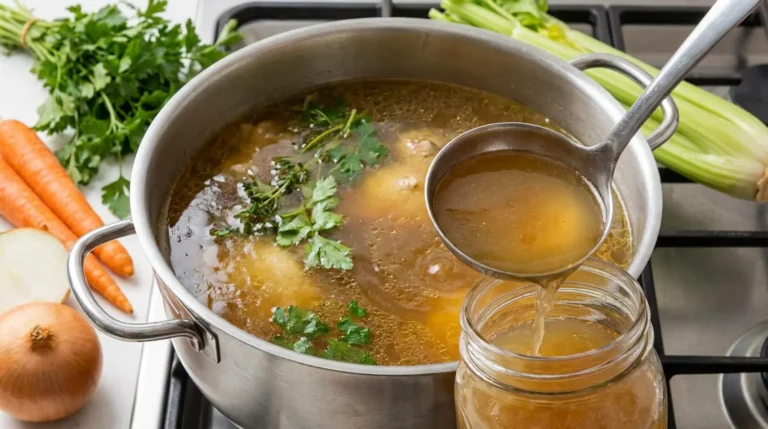 Homemade chicken stock being ladled into a jar beside carrots, celery, onion, and parsley