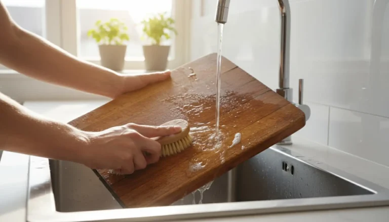 Hand-washing a wooden cutting board with soap and a scrub brush