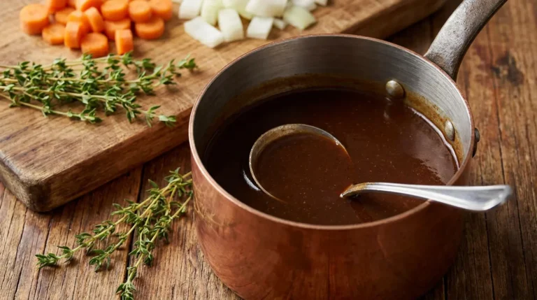 Rich brown espagnole sauce in a copper saucepan with thyme, carrots, and onions on a cutting board nearby