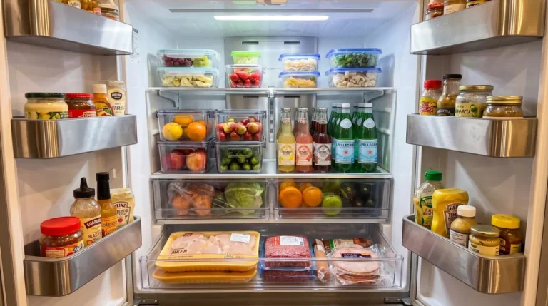 Organized refrigerator with labeled containers, produce in drawers, and raw meat stored on the bottom shelf to prevent drips and cross-contamination