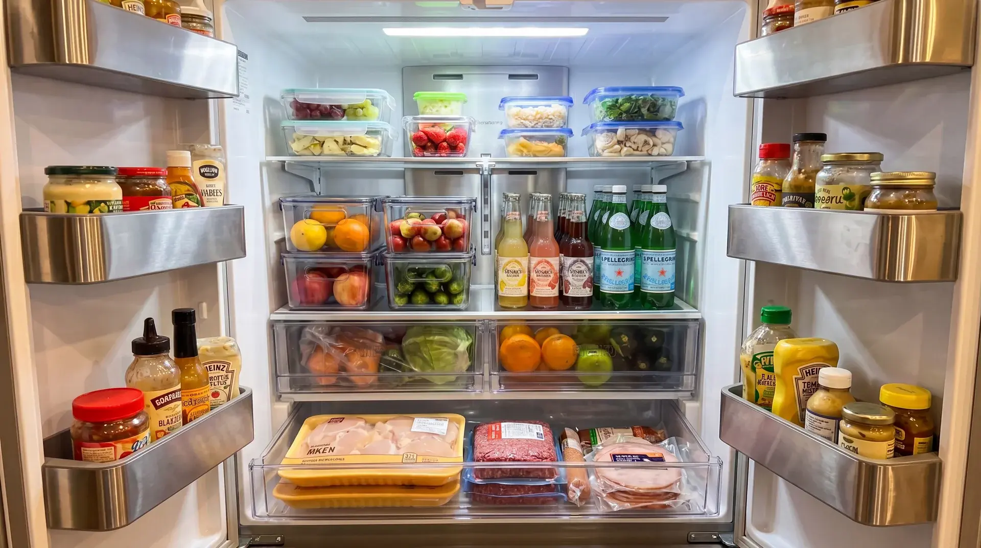 Organized refrigerator with labeled containers, produce in drawers, and raw meat stored on the bottom shelf to prevent drips and cross-contamination
