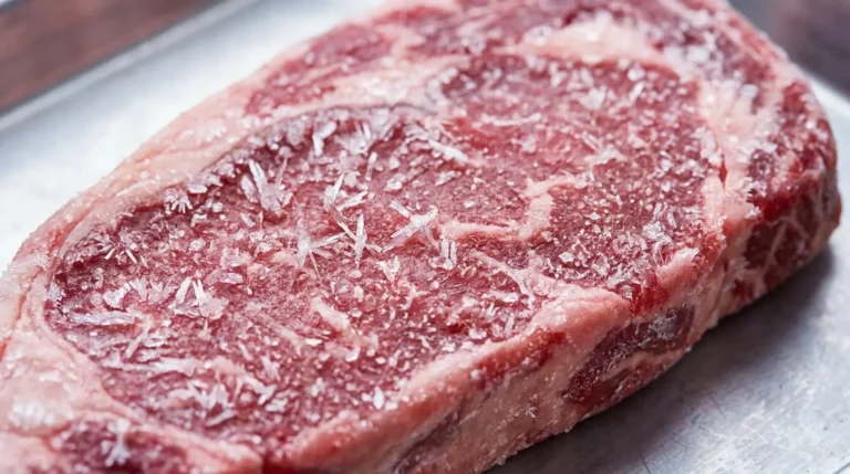 Close-up of a frozen steak with white ice crystals and dry patches on the surface, showing freezer burn