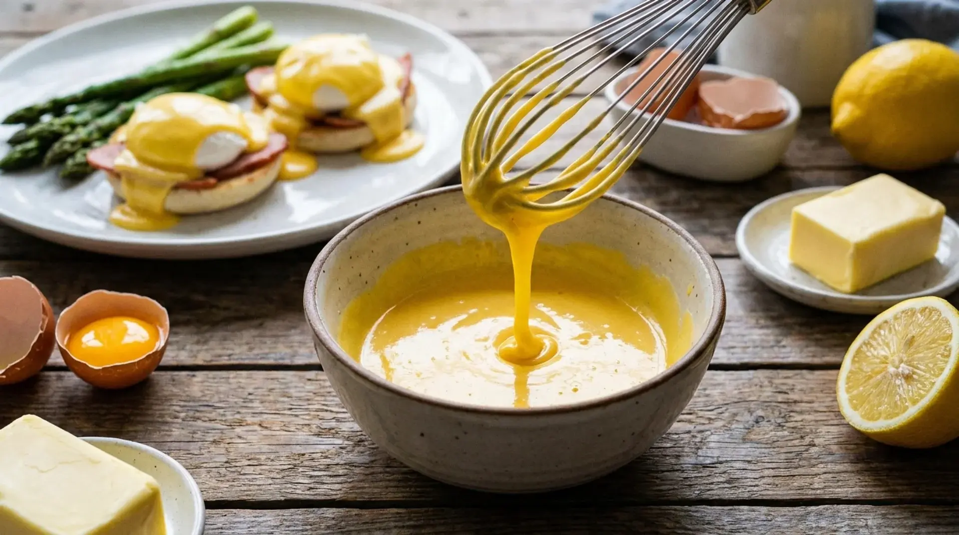 Whisk lifting smooth hollandaise sauce from a bowl with eggs Benedict, asparagus, lemon, eggs, and butter nearby