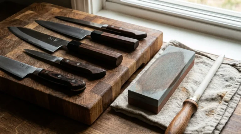 Kitchen knives on a wooden cutting board next to a whetstone and honing rod, set up for knife sharpening