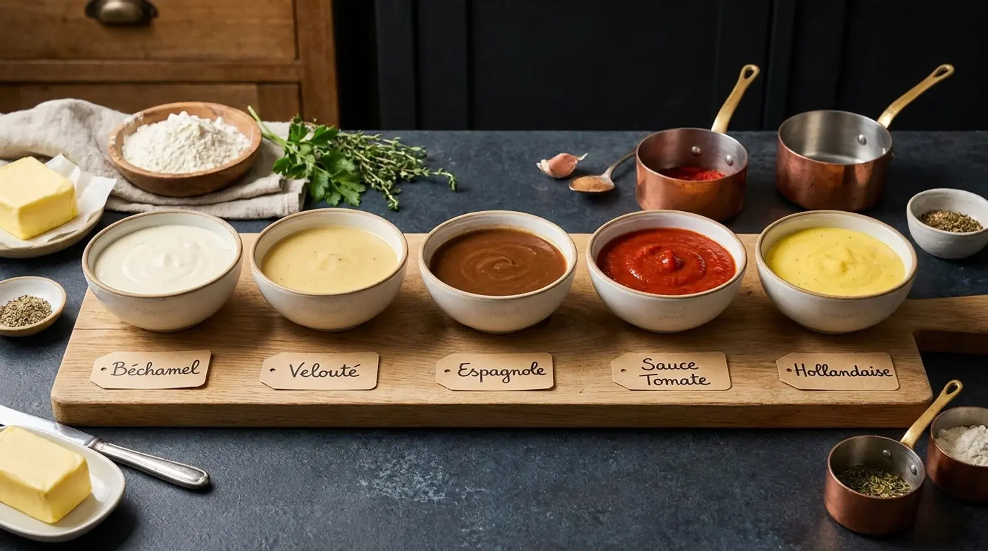 Five bowls of classic mother sauces labeled béchamel, velouté, espagnole, tomato sauce, and hollandaise on a kitchen counter