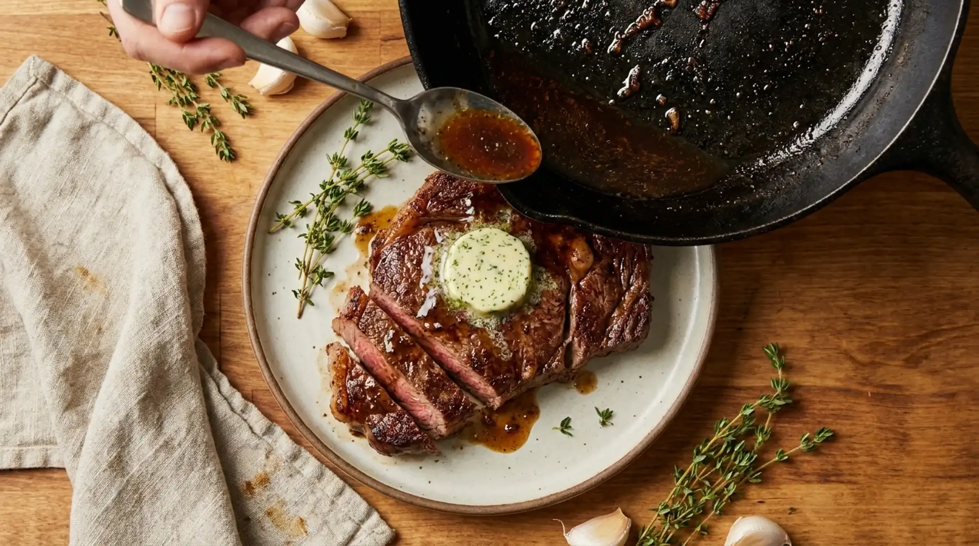 Pan sauce spooned from a cast iron skillet over sliced steak with herb butter, thyme, and garlic nearby