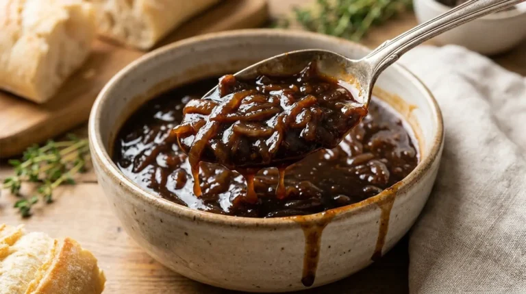Thick reduced brown sauce clinging to a spoon above a ceramic bowl with bread and herbs nearby