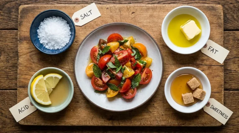 Tomato salad surrounded by labeled bowls of salt, acid, fat, and sweetness on a wooden board