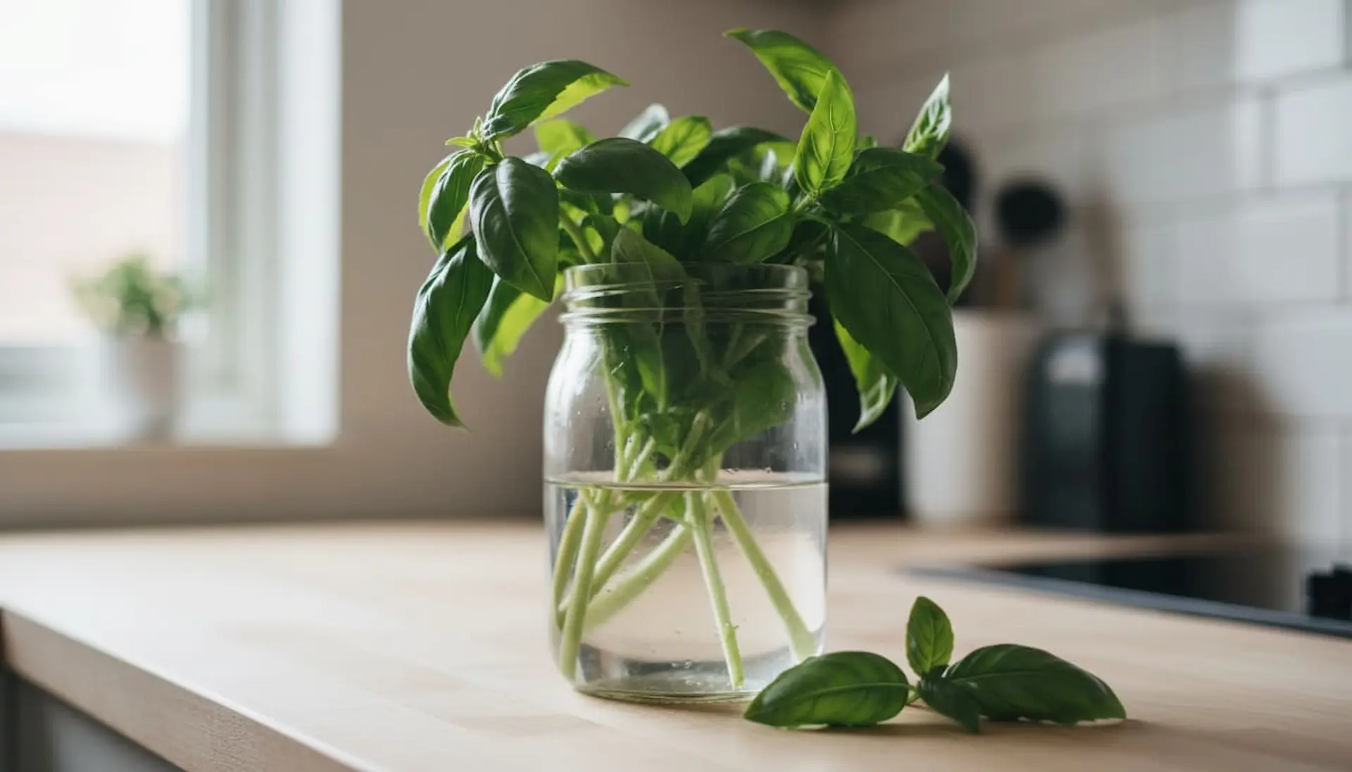 Basil stems stored in a jar of water on a kitchen counter