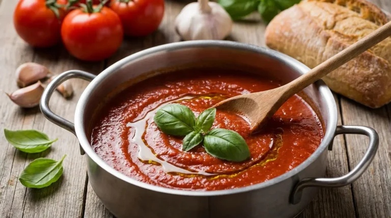 Rich tomato sauce with basil and olive oil in a pot beside fresh tomatoes, garlic, fresh basil and bread