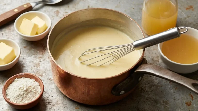 Creamy velouté sauce in a copper saucepan with a whisk, stock, butter, and flour arranged nearby