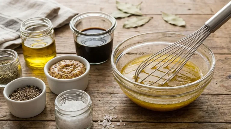 Homemade vinaigrette being whisked in a glass bowl with oil, vinegar, mustard, salt, and pepper nearby